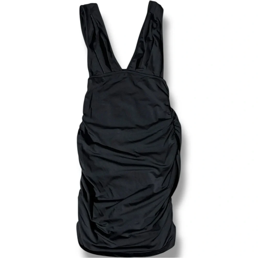Unbranded Stretchy and Rouched on Sides Stylish Black V-Neck Bodycon Dress